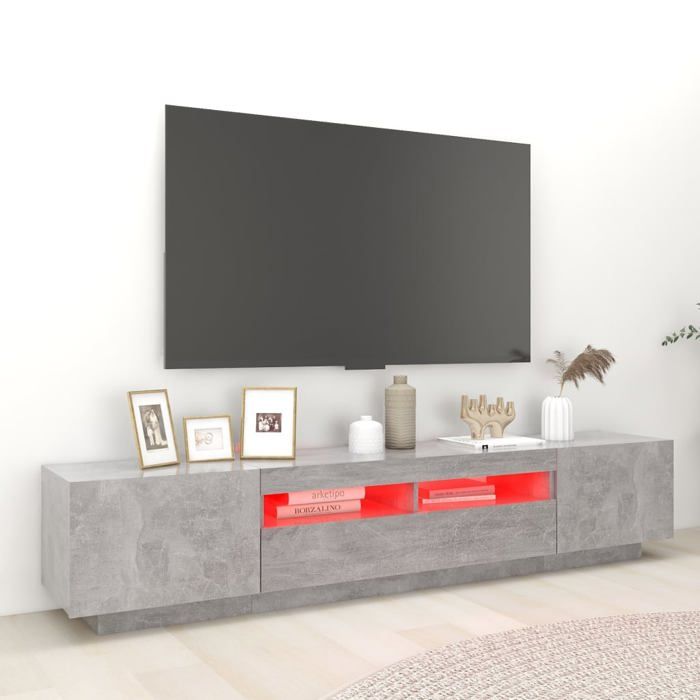 NEUF Armoire TV - Gris - Meuble TV - TABLE TV - avec lumières LED - Gris béton 200x35x40 cm - TT2885