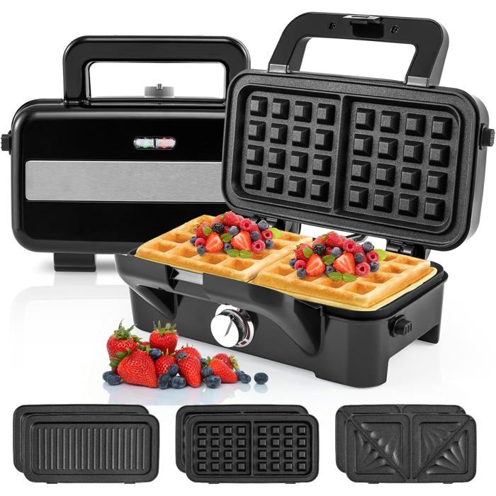 GOPLUS Appareil Croque Monsieur Gaufrier 3 en 1 pour Gaufre Croque Sandwich Plaques Amovible Antiadhésive Thermostat Réglable