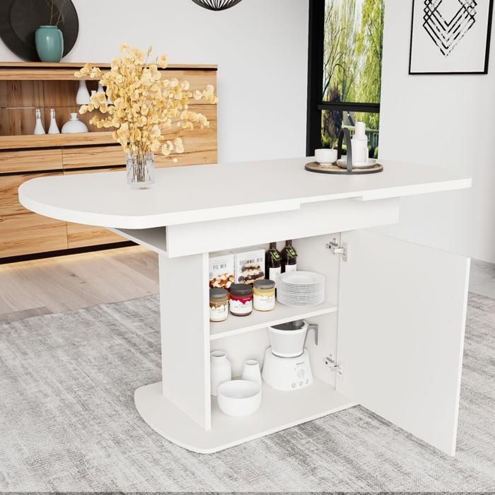 MODENUIT Table à manger extensible 110/130x70x50 cm avec rangement intégré panneau de particules blanc
