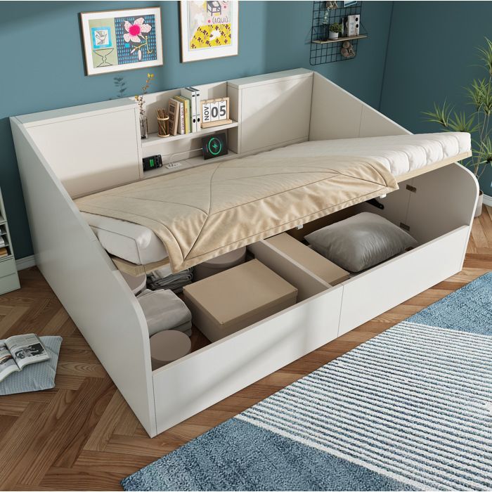HOMVRA Lit Coffre 140x190 cm Lit Adulte avec USB 2 Étagères et Sommier à Lattes Bois Blanc sans Matelas