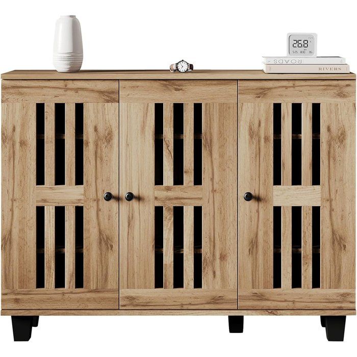 Buffet Bahut 3 portes creuses 8 compartiments de rangement  120 x 92 x 32 cm  Couleur bois  Rangement  Armoire polyvalente