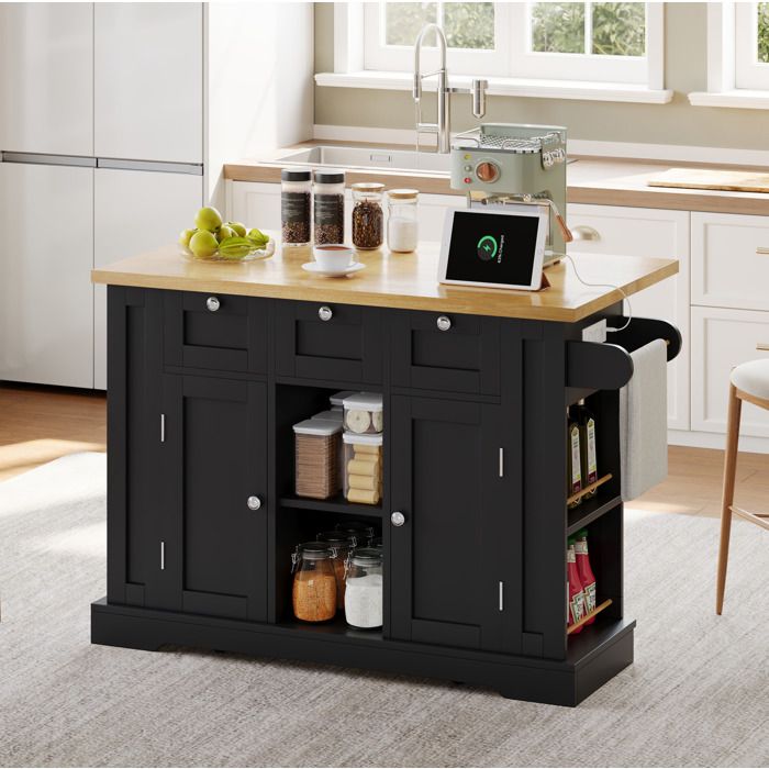 Buffet 120×70×87 cm 3 tiroirs 2 portesUSB + prise avec table pliante étagères ouvertes commode de cuisineMDF noir