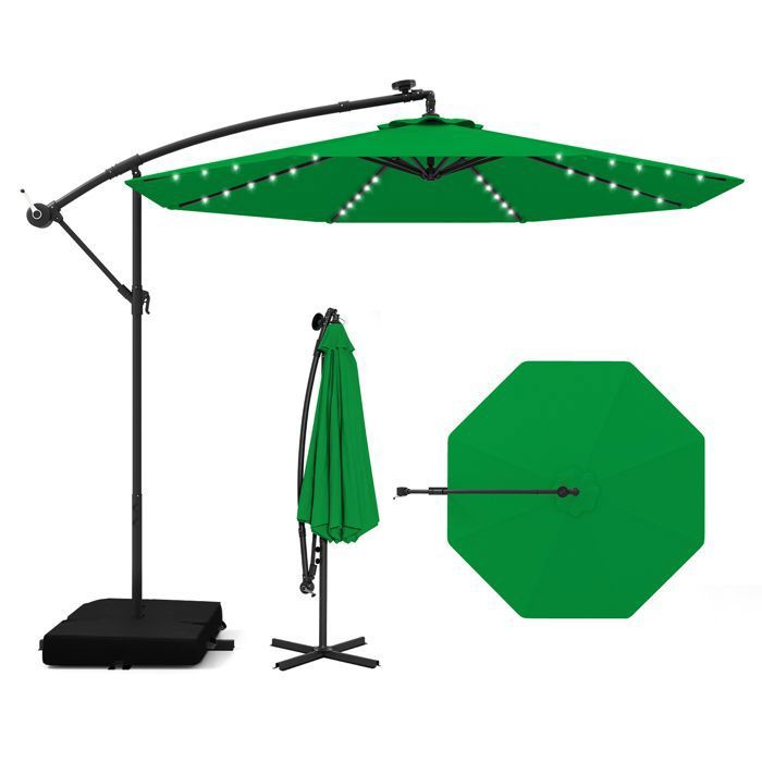 COSTWAY Parasol Déporté 3M avec 40 Lumières LED Panneau Solaire 6 HeuresBase Croisée Sac de Sable Tissu en Polyester UV 20+