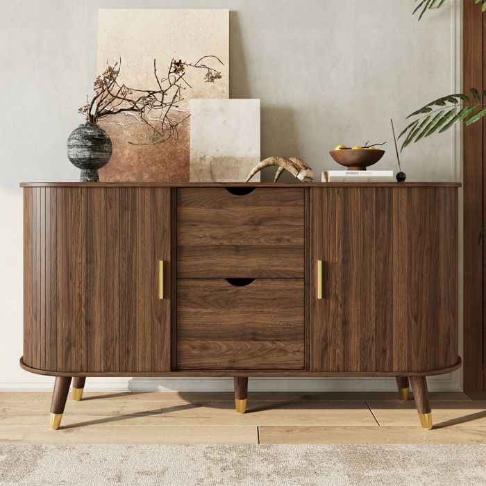 Buffet de Salon - avec 2 Portes Coulissantes 2 Tiroirs - Meuble de Rangement - Marron Vintage - Design Arrondi -140 x 40 x 79 5 cm Buffet de Salon - avec 2 Portes Coulissantes 2 Tiroirs - Meuble de Rangement - Marron Vintage - Design Arrondi -140 x 40 x 79 5 cm