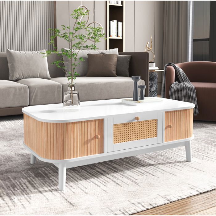 Table basse blanche & bois L 110 x P 55 x H 38 5 cm portes coulissantes tiroirs rotin