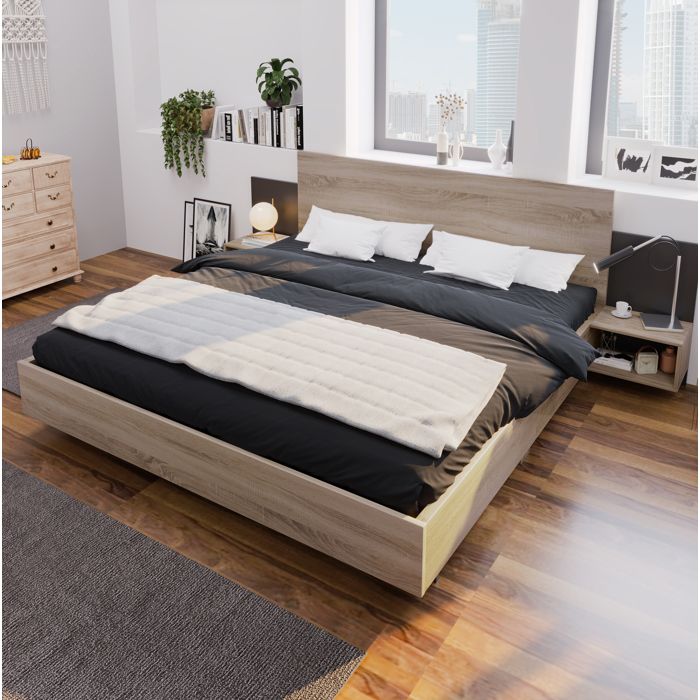 Lit 160 × 200 cm avec 2 chevets intégrés Sonoma et gris foncé