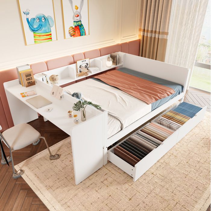 Lit Combiné avec Bureau Intégré et 2 Tiroirs - ELVMI - 3 Étagères en Pin et Panneau de Particules Blanc 140 × 200 cm