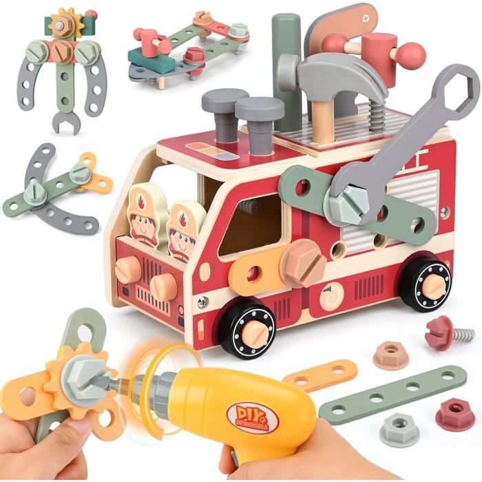 Jouet Enfant 3 Ans Outils Enfant Camion Pompier avec Perceuse Électrique Malette Outils Montessori Jouets en Bois 47 Pièces