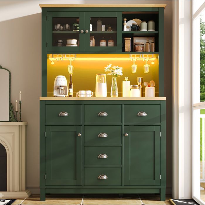 Buffet Haut 4 Portes 3 Tiroirs et LED avec Porte-verres - BEAUNIV - Cuisine MDF Vert 104×40×180 cm
