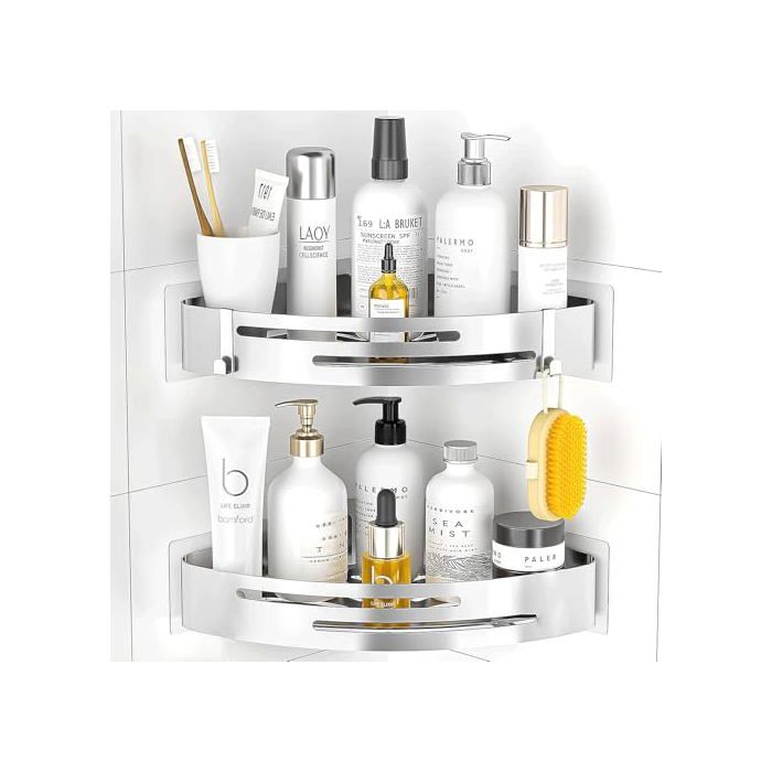 Étagère douche - PNNP - Sans perçage angle - Acier inoxydable 304 - Lot de 2 - Fixation adhésive 15 kg
