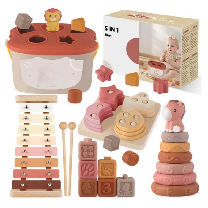 Jouet Bebe 6 Mois 5-en-1 Jouet Bébé 6-12 Mois - Jeux deveil Bebe 6-12 Mois avec Xylophone en Bois Cubes à Empiler et