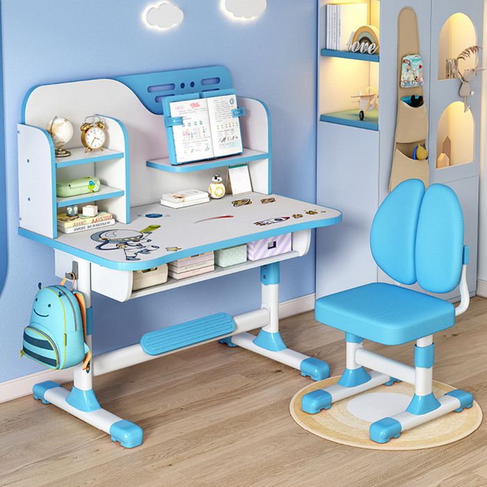 Bureau Enfant avec Chaise hauteur réglable motif astronaute ergonomique tableau décriture étagère tiroirs bleu 111x80x54cm