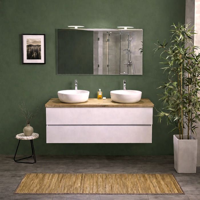 Meuble salle de bain suspendu 120 cm blanc export avec plan chêne naturel miroir 120x60 et 2 lampes Berlin