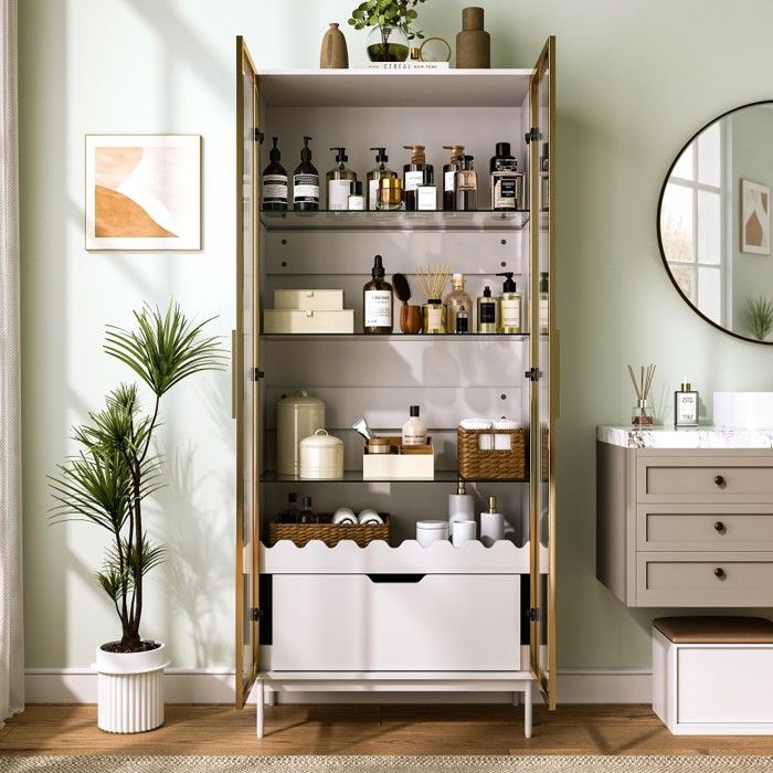 Vitrine Argentier Blanc Doré 75x35x170 8 Décor Ondulé Étagères Verre Tiroir Pieds Métal Rangement Salon Couloir