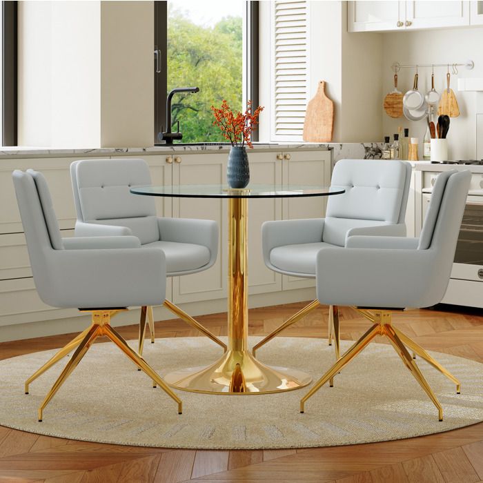Modenuit Ensemble table et 4 chaises 85 cm table ronde en verre trempe chaises pivotantes 360° gris clair et or