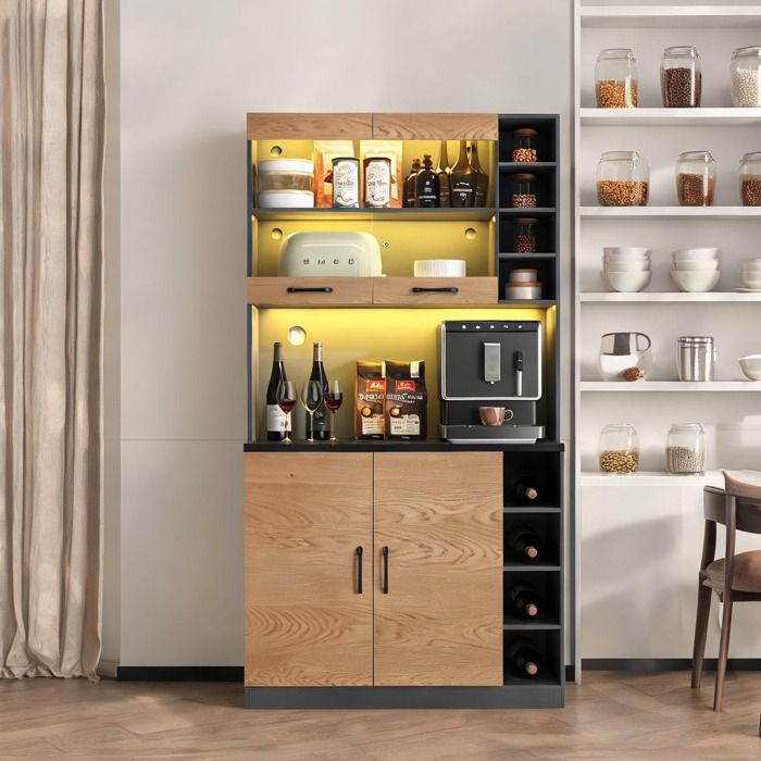 Buffet haut MDF 100x47x187 cm gris neutre et naturel avec niches réglables et LED style contemporain
