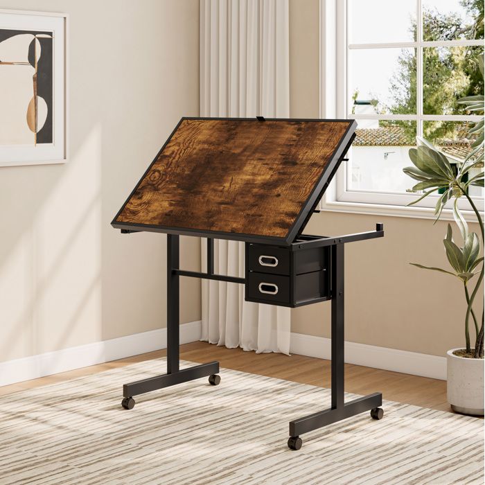 Bureau Droit Table Puzzle avec 2 Tiroirs 4 Bacs et Plateau Inclinable - ELVMI - MDF Métal Noir et Marron 90×60×79 cm