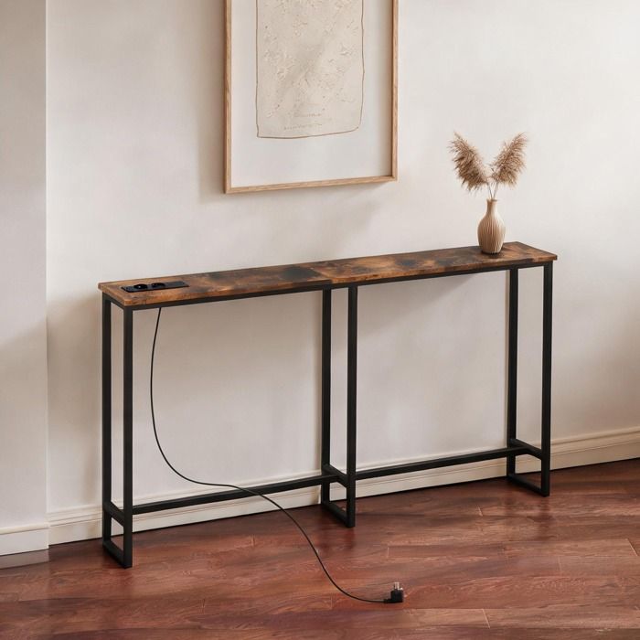 Console étroite 160x20x80 cm style industriel panneaux brun rustique et acier noir avec prises AC et ports USB pour salon ou