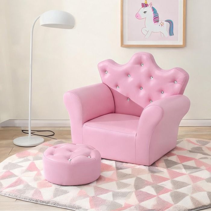 Canapé enfant 1 place avec ottomane en simili cuir rose cadre bois massif 58 x 405 x 49 cm