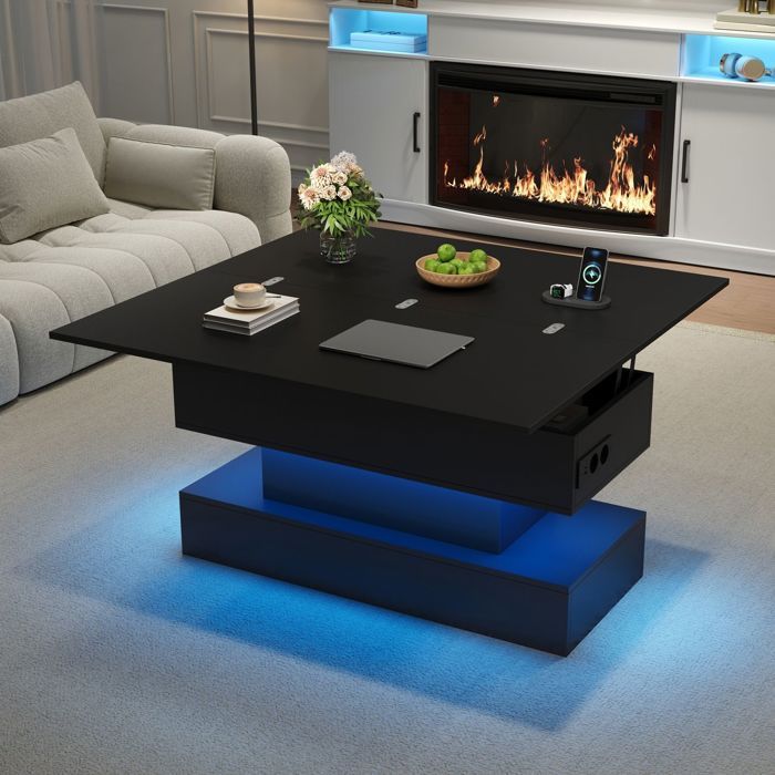 Table basse relevable - WESTYLE - 100 x 50 x 51.5 cm - 3-en-1 relevable - Rangement caché - LED RGB