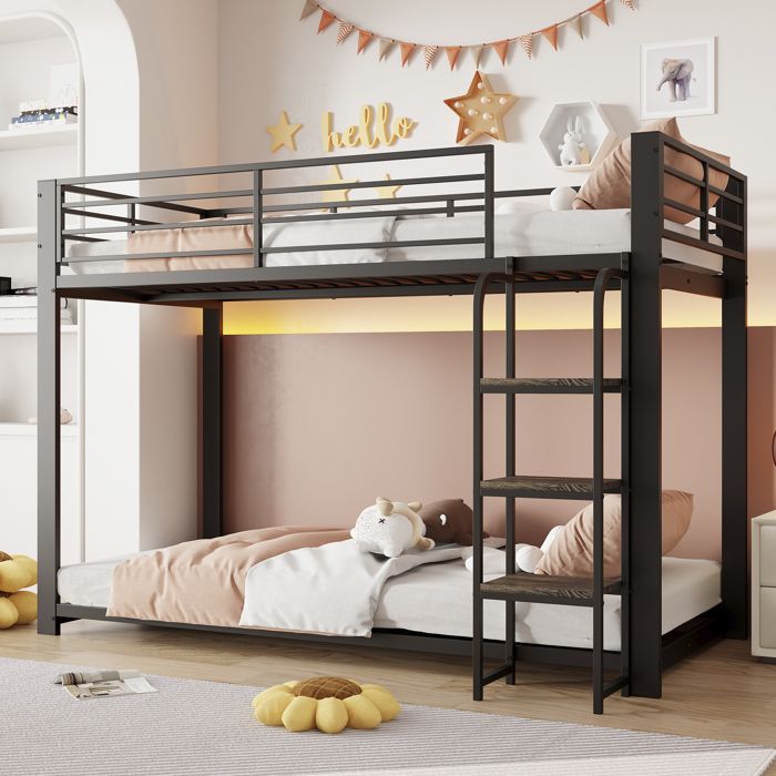 Lit superposé 90x200 cm lit enfant étagères bois et métal noir