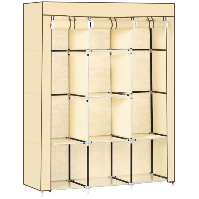 Armoire pliante en tissu non tissé beige 8 étagères et penderie dimensions 125 x 43 x 162 5 cm idéale pour un rangement compact.