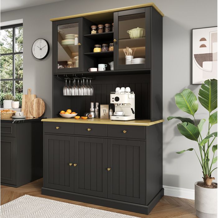 Buffet haut – meuble de rangement 120 x 40 x 191 cm – portes vitrées porte-verres prises intégrées USB-A/USB-C – noir
