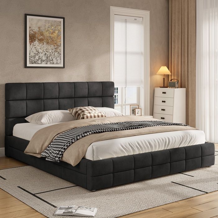 Lit rembourré noir - BLACKCOLOR - Compatible matelas 180 x 200 cm - Tête de lit capitonnée - Velours - MDF et contreplaqué Lit rembourré noir - BLACKCOLOR - Compatible matelas 180 x 200 cm - Tête de lit capitonnée - Velours - MDF et contreplaqué
