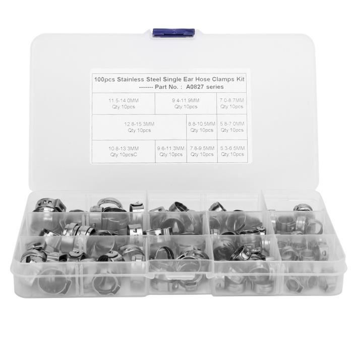 Faankiton 280 Pièces Colliers De Serrage à Une Oreille Acier 304 – Kit 18 Tailles 5.3-37.6 Mm + Pince – Colliers Sans Palier Inox Pour Tuyaux