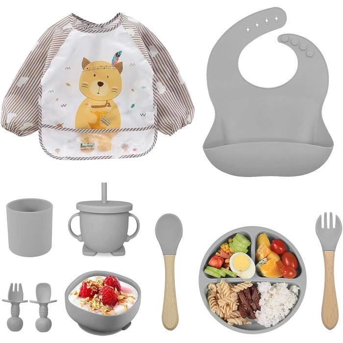 Feelhap Coffret Repas Bébé 9 Pièces - Assiette Ventouse Silicone Antidérapante Avec Compartiments, Bol, Bavoir, Cuillère, Fourchette Et Tasse (Vert)