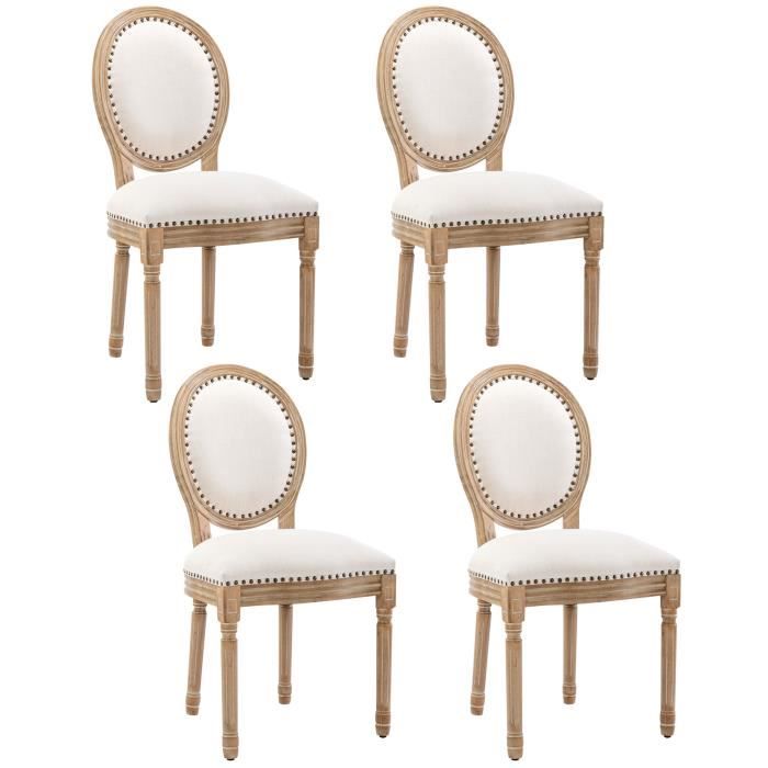 lot de 4 chaises de cuisine à décor de clous en cuivre, chaises rembourrées louis xvi à dossier rond,assises en lin,crème