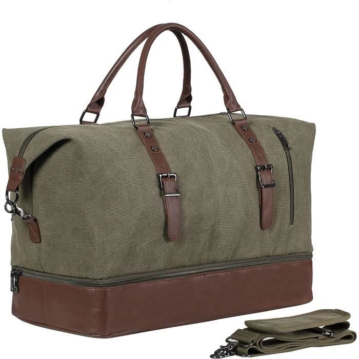 LANCEL - Sac de voyage en toile bleue et cuir beige avec bandoulière
