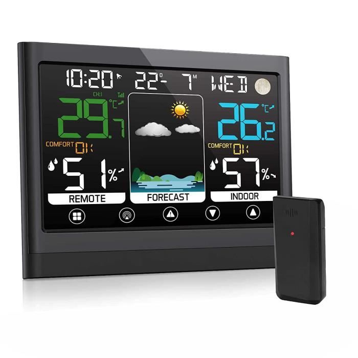 Hommie Station Météo avec Intérieure Extérieur Capteur sans Fil, Thermomètre Hygromètre Baromètre Phase de la Lune, Écran LCD - TV Son Photo