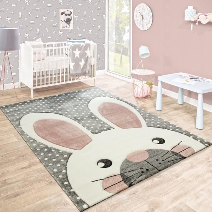 tapis enfant contours decoupes lapin mignon gris creme et rose cdiscount maison