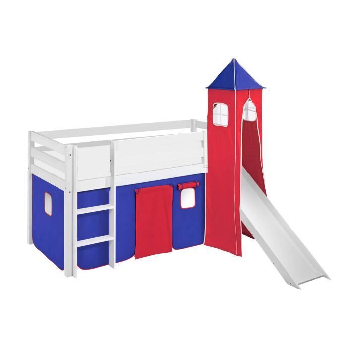 Lit surélevé ludique JELLE bleu rouge - avec rideaux tour et toboggan - LILOKIDS - blanc laqué