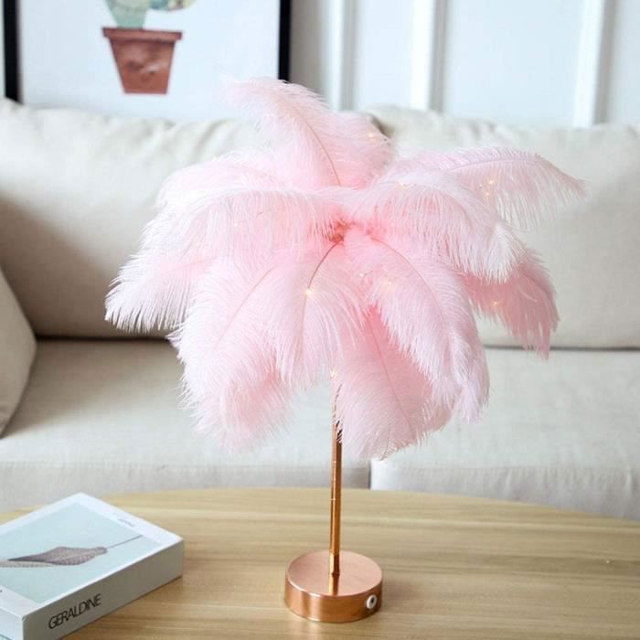 Plume Rose Lampe de chevet à LED avec télécommande en forme de pissenlit en fil de cuivre avec plumes roses romantiques