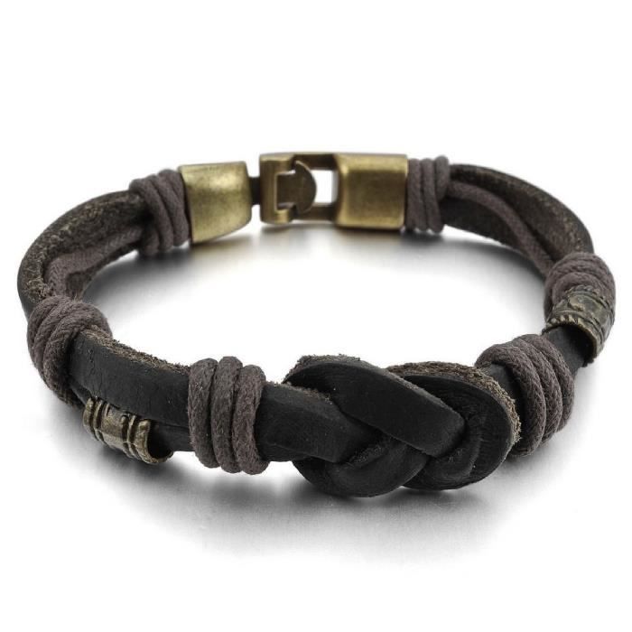 MENDINO Homme Acier Inoxydable Cuir Bracelet Tressé Fantaisie Motard Argenté Or