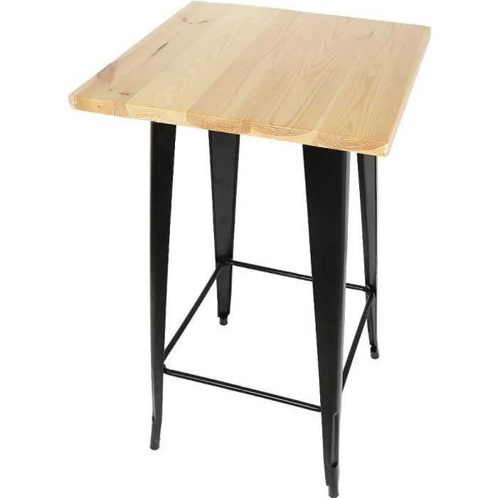 table haute de bar mange-debout yis - style industriel rétro - pieds en métal + bois de pin massif - 60x60x110cm