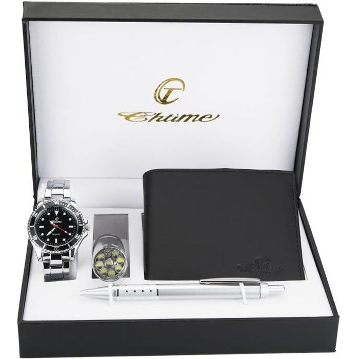 Coffret cadeau Montre Homme Noir - Lampe LED - Portefeuille -stylo