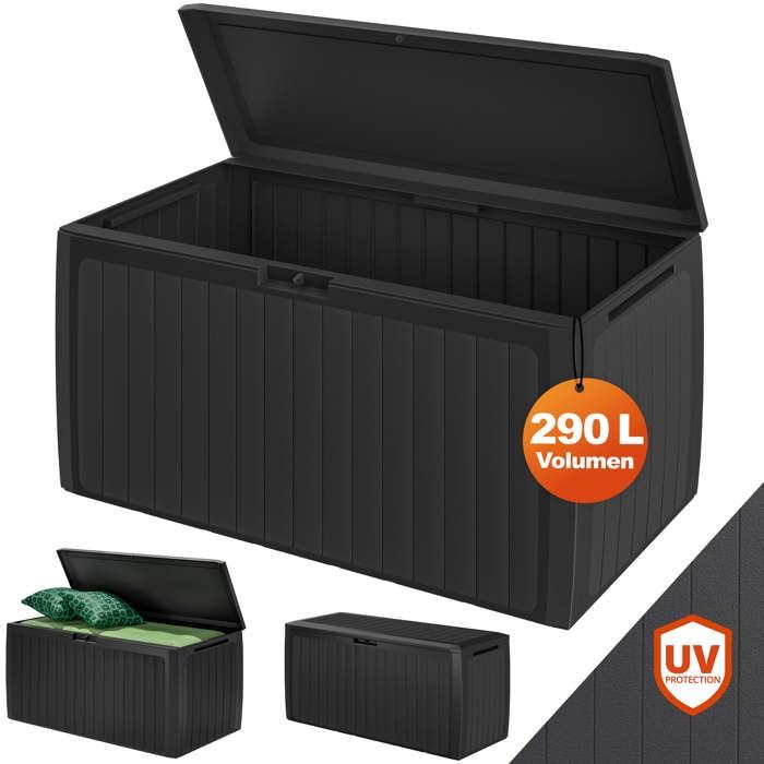 CASARIA® Coffre de rangement XXL Aspect lattes en bois Anthracite 290L Roulettes Poignées Malle Terrasse Balcon Jardin