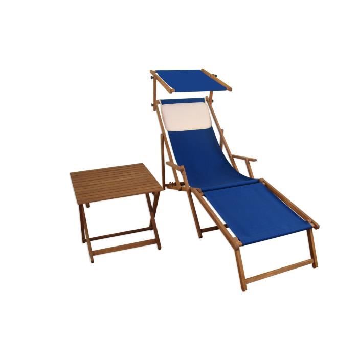 chaise longue avec accoudoirs, tissu bleu, repose-pieds, table d'appoint, orreiller