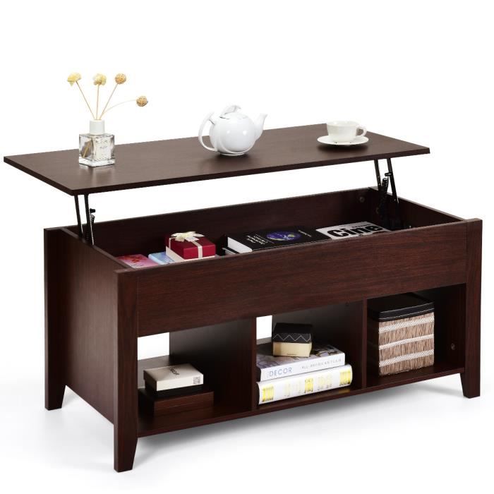 giantex table basse avec plateau relevable, table de salon extensible avec espace de stockage, 104,5 x 49,5 x 48,5 cm, marron