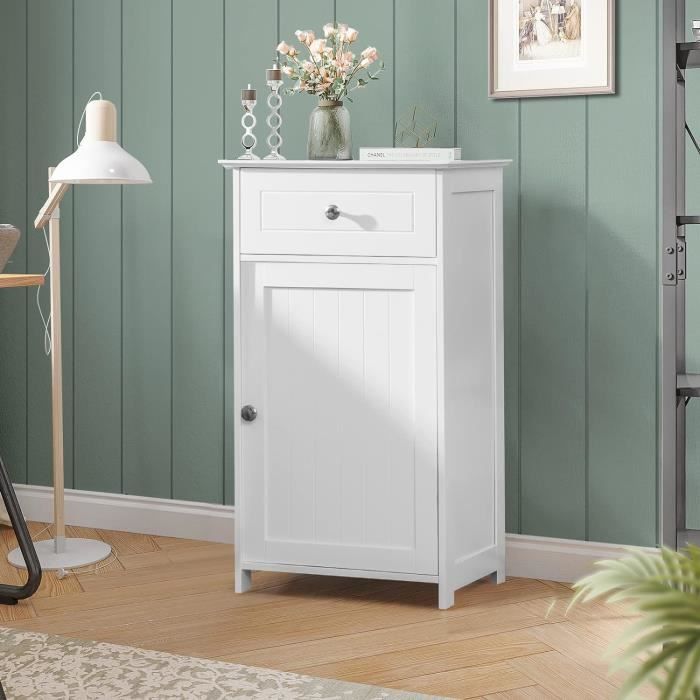 GIANTEX Meuble Salle de Bain sur Pied avec Tiroir et Porte Étagère Réglable Table de Chevet pour Salon/Chambre 43x 34x 77 CM Blanc GIANTEX Meuble Salle de Bain sur Pied avec Tiroir et Porte Étagère Réglable Table de Chevet pour Salon/Chambre 43x 34x 77 CM Blanc