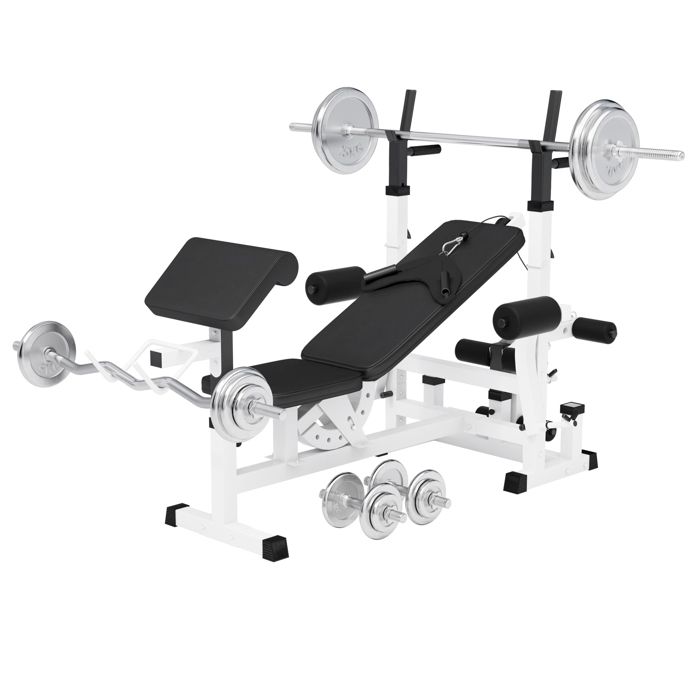 Banc de musculation universel avec support pour haltères et set d'haltères de 105,5kg chromés