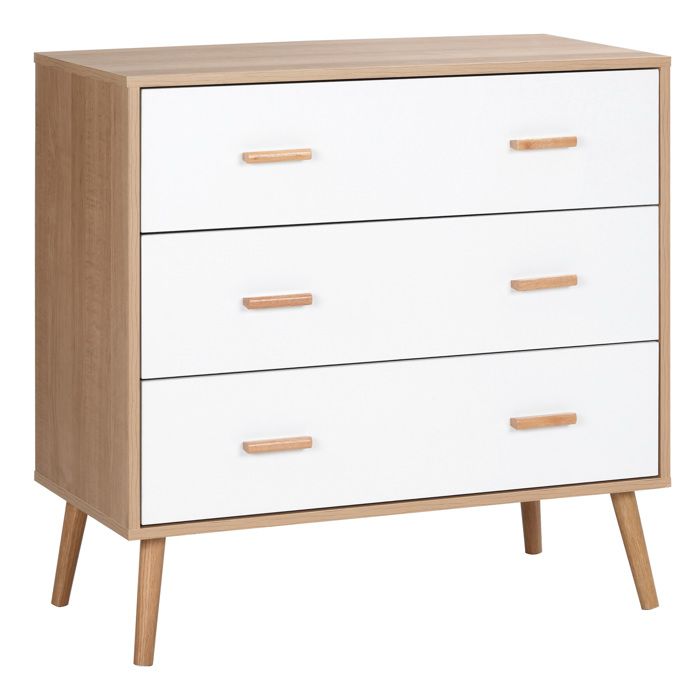 Commode - HOMCOM - design scandinave sur pieds 3 tiroirs coulissants meuble chambre - MDF - blanc bois clair