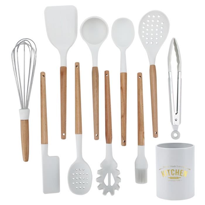 HURRISE Batterie de cuisine 11pcs Kit d'Ustensiles de Cuisine en Silicone Blanc Ustensiles de Cuisine Antiadhésifs avec Boîte de