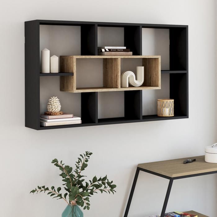 IDMARKET Etagère murale COLETTE avec 8 compartiments noir et effet bois IDMARKET Etagère murale COLETTE avec 8 compartiments noir et effet bois