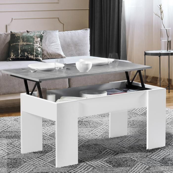 IDMARKET Table basse plateau relevable rectangulaire TARA bois blanc et effet béton IDMARKET Table basse plateau relevable rectangulaire TARA bois blanc et effet béton