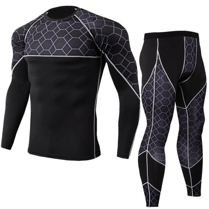 Ensemble Compression Hommes - Running Dry Fitness - Maillot Manches Longues  Col Rond - Séchage Rapide
