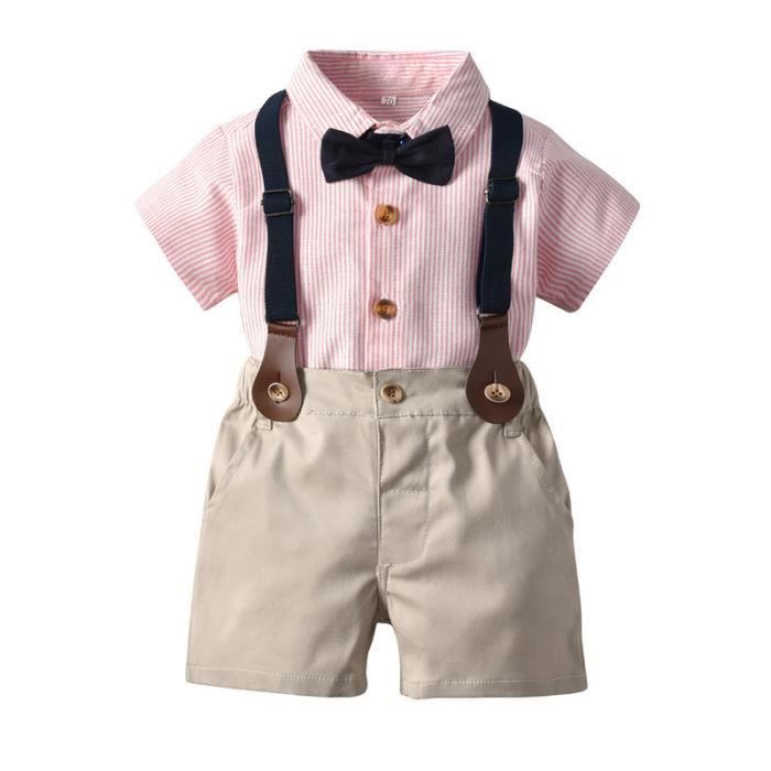 2pcs bébé garçon costume de baptême mariage barboteuse t-shirt hauts + shorts tenues d'été rose